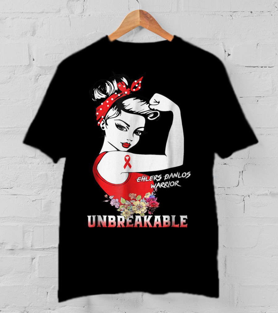 Ehlers Danlos Warrior Unbreakable Rosie The Riveter Style With Ribbon And Floral Elements T-Shirt
