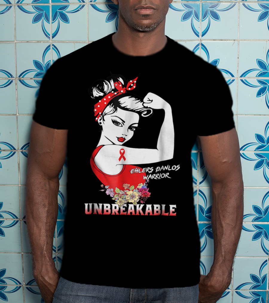 Ehlers Danlos Warrior Unbreakable Rosie The Riveter Style With Ribbon And Floral Elements T-Shirt