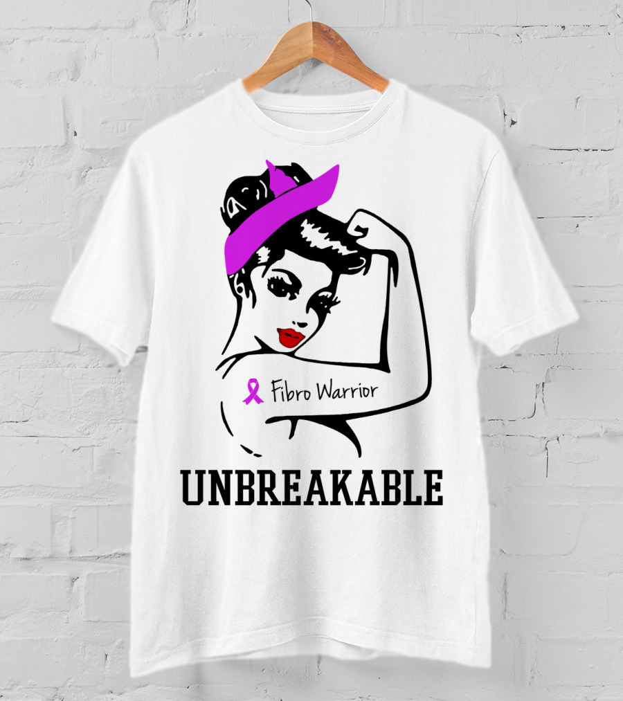 Fibro Warrior Unbreakable Strong Woman With Pink Ribbon And Purple Hair Bow T-Shirt