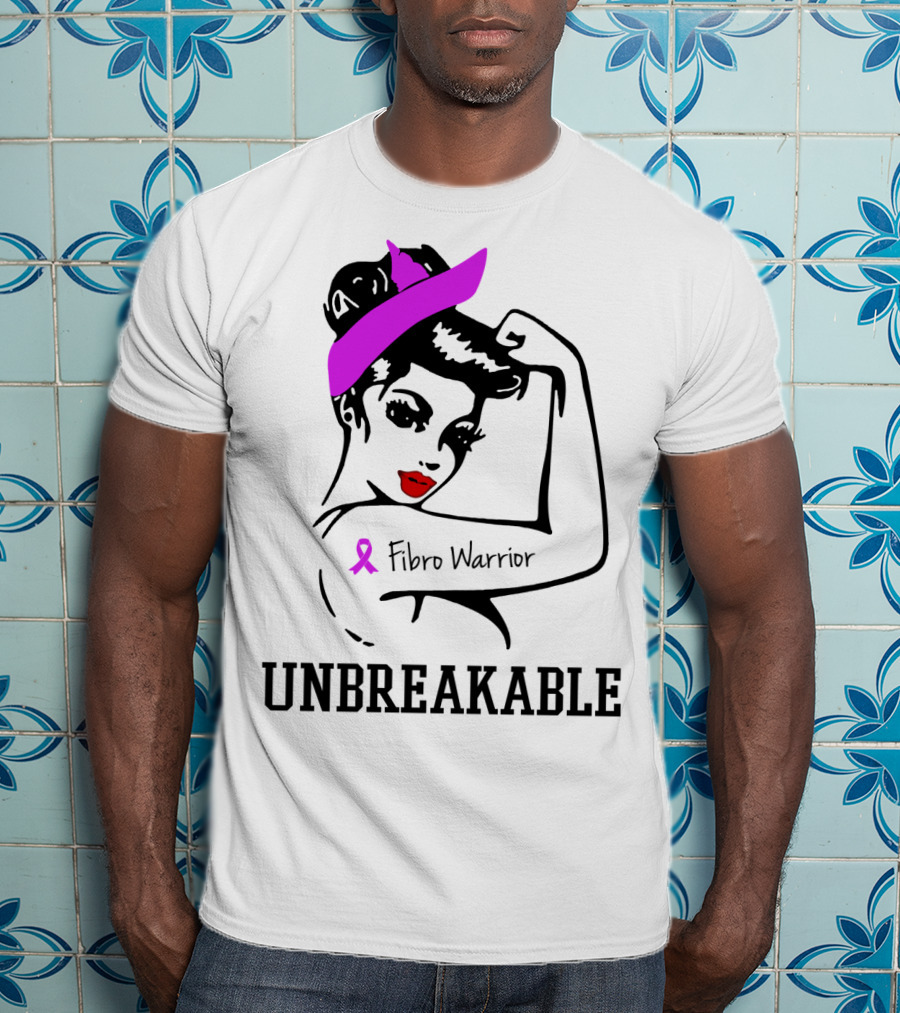 Fibro Warrior Unbreakable Strong Woman With Pink Ribbon And Purple Hair Bow T-Shirt