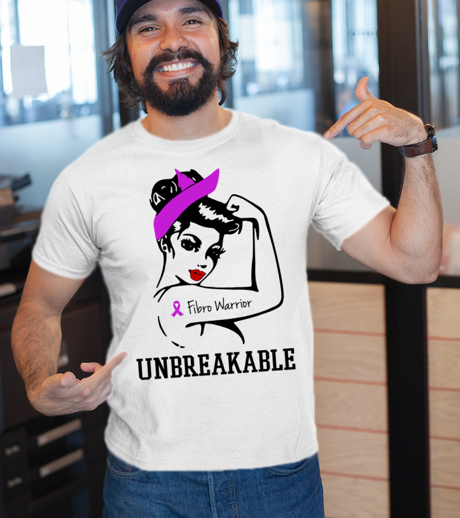 Fibro Warrior Unbreakable Strong Woman With Pink Ribbon And Purple Hair Bow T-Shirt