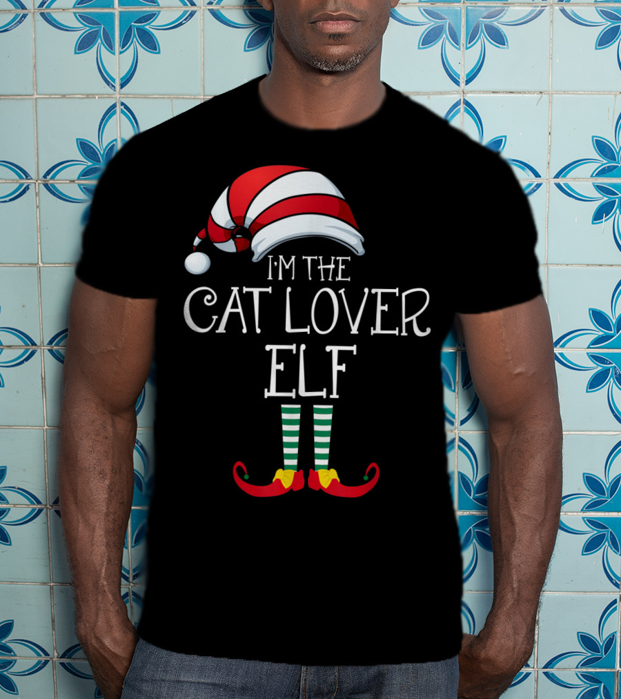 I'm The Cat Lover Elf Family Christmas Hat And Striped Socks T-Shirt