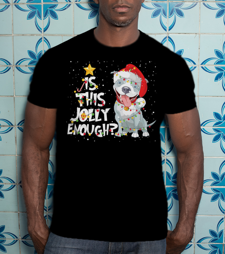Is This Jolly Enough Funny Pitbull Dog Lovers Christmas Santa Hat Lights T-Shirt