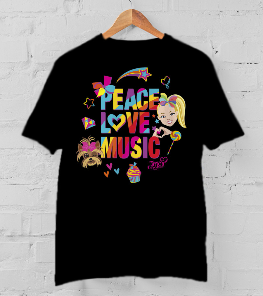 Jojo Siwa Peace Love Music Rainbow With Bow Stars Hearts Cupcake Puppy T-Shirt