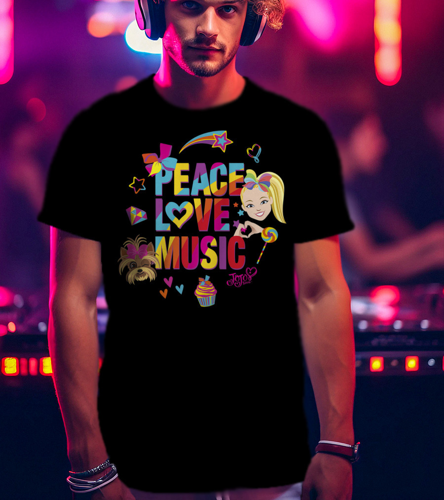 Jojo Siwa Peace Love Music Rainbow With Bow Stars Hearts Cupcake Puppy T-Shirt
