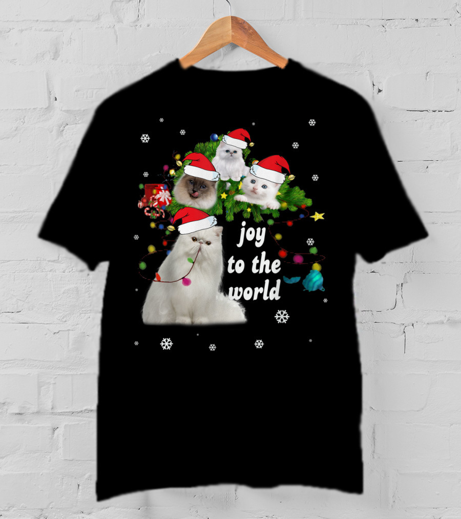 Joy To The World Christmas Cats With Santa Hats And Snowflakes T-Shirt
