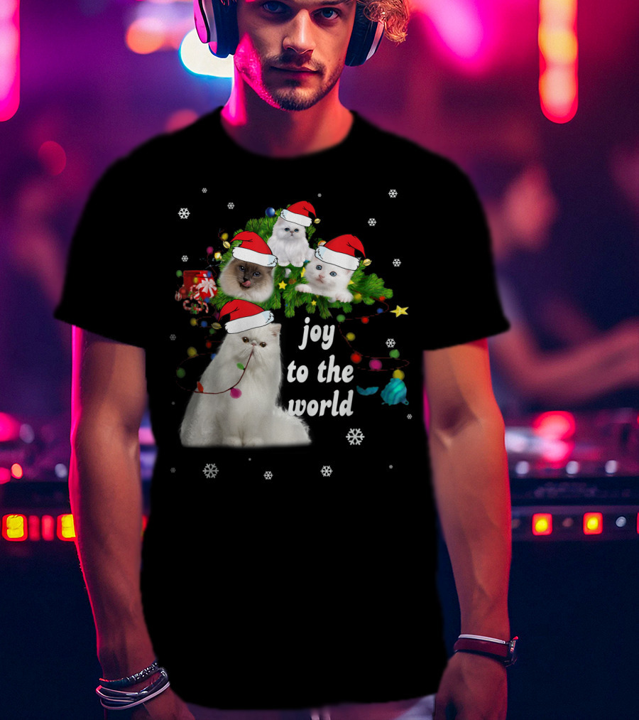 Joy To The World Christmas Cats With Santa Hats And Snowflakes T-Shirt