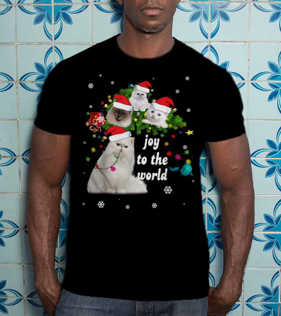 Joy To The World Christmas Cats With Santa Hats And Snowflakes T-Shirt