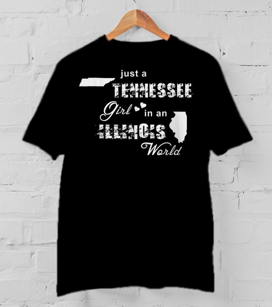Just A Tennessee Girl In An Illinois World Map Silhouettes Hearts T-Shirt