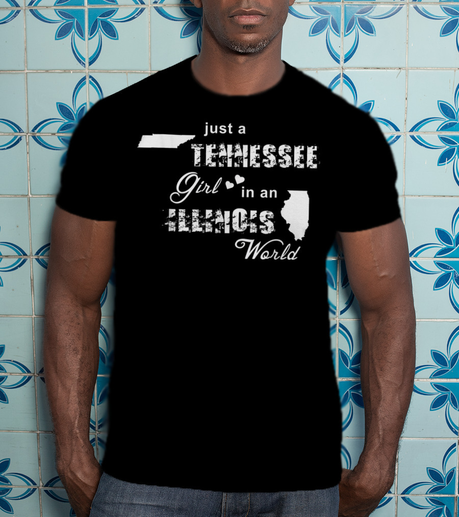 Just A Tennessee Girl In An Illinois World Map Silhouettes Hearts T-Shirt