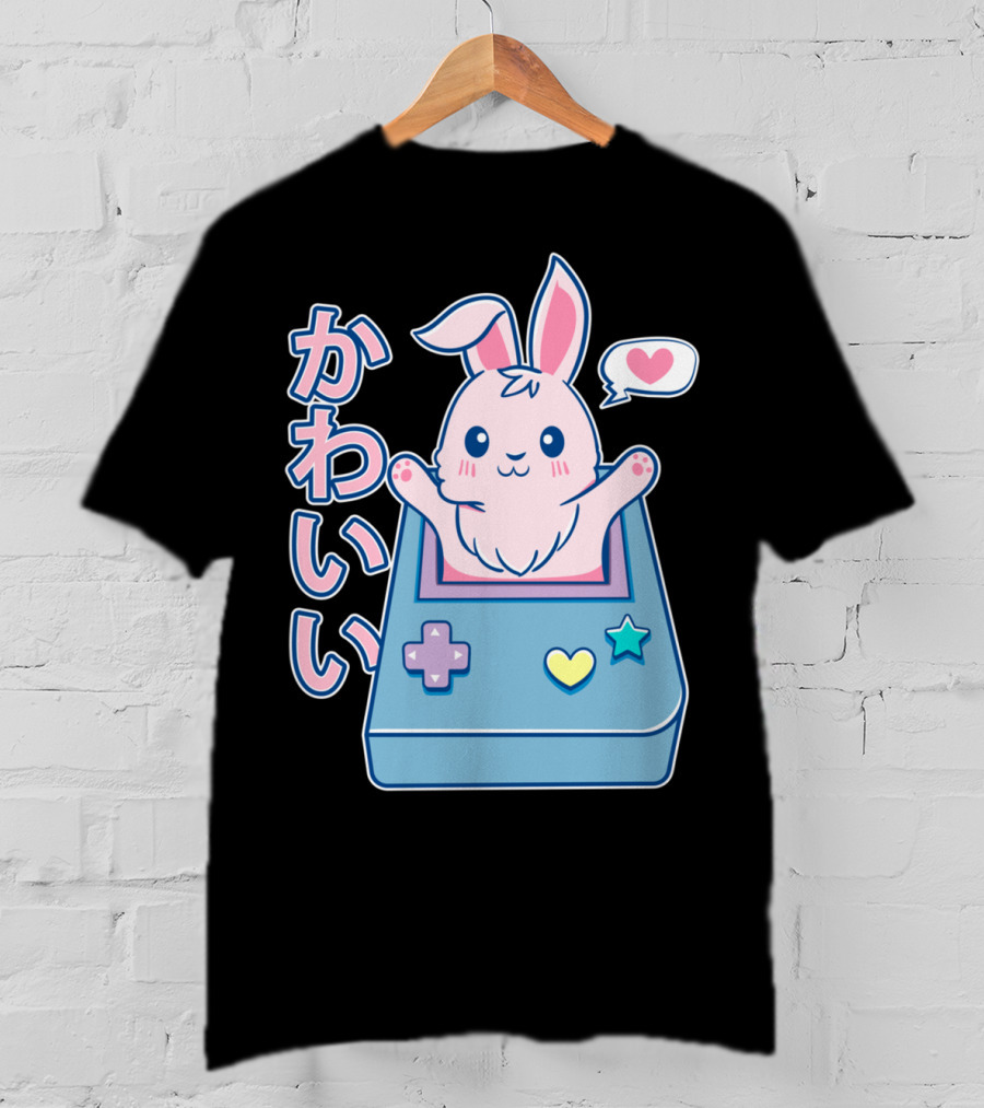 Kawaii Gamer Bunny Rabbit In Pastel Colors With Japanese Text And Game Console T-Shirt