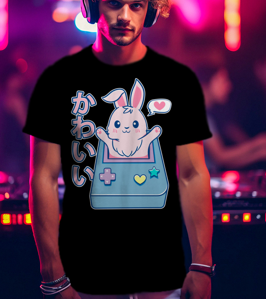 Kawaii Gamer Bunny Rabbit In Pastel Colors With Japanese Text And Game Console T-Shirt