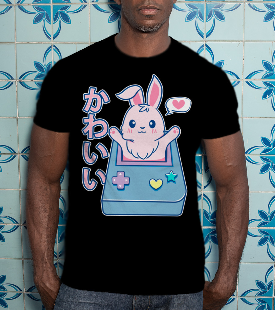 Kawaii Gamer Bunny Rabbit In Pastel Colors With Japanese Text And Game Console T-Shirt