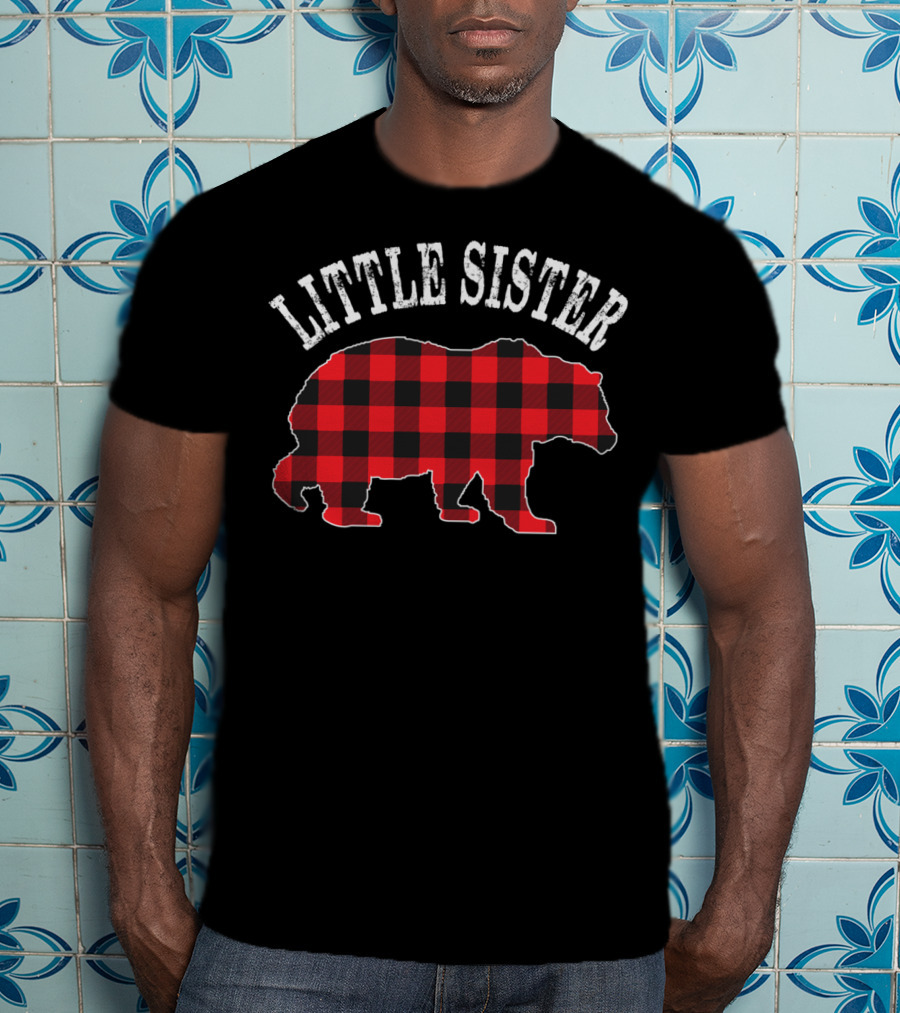 Little Sister Red Black Buffalo Plaid Bear T-Shirt