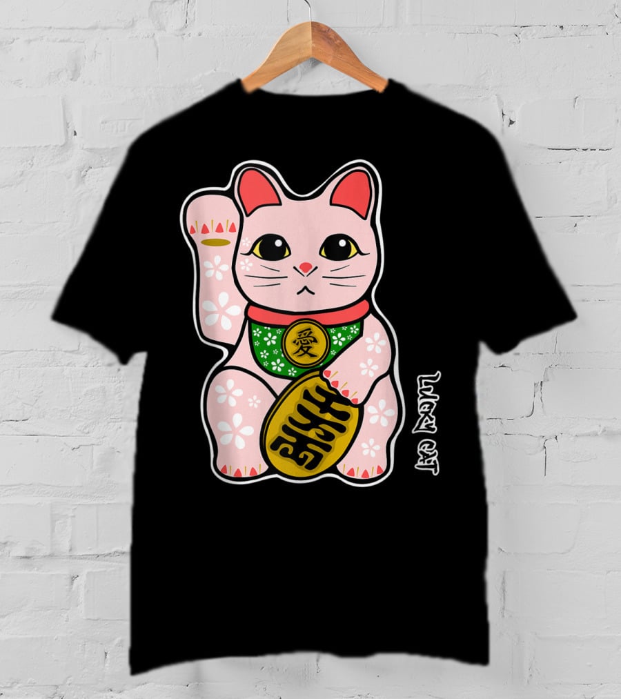 Lucky Cat Manekineko Japanese Love Prosperity Symbol Icon Floral T-Shirt
