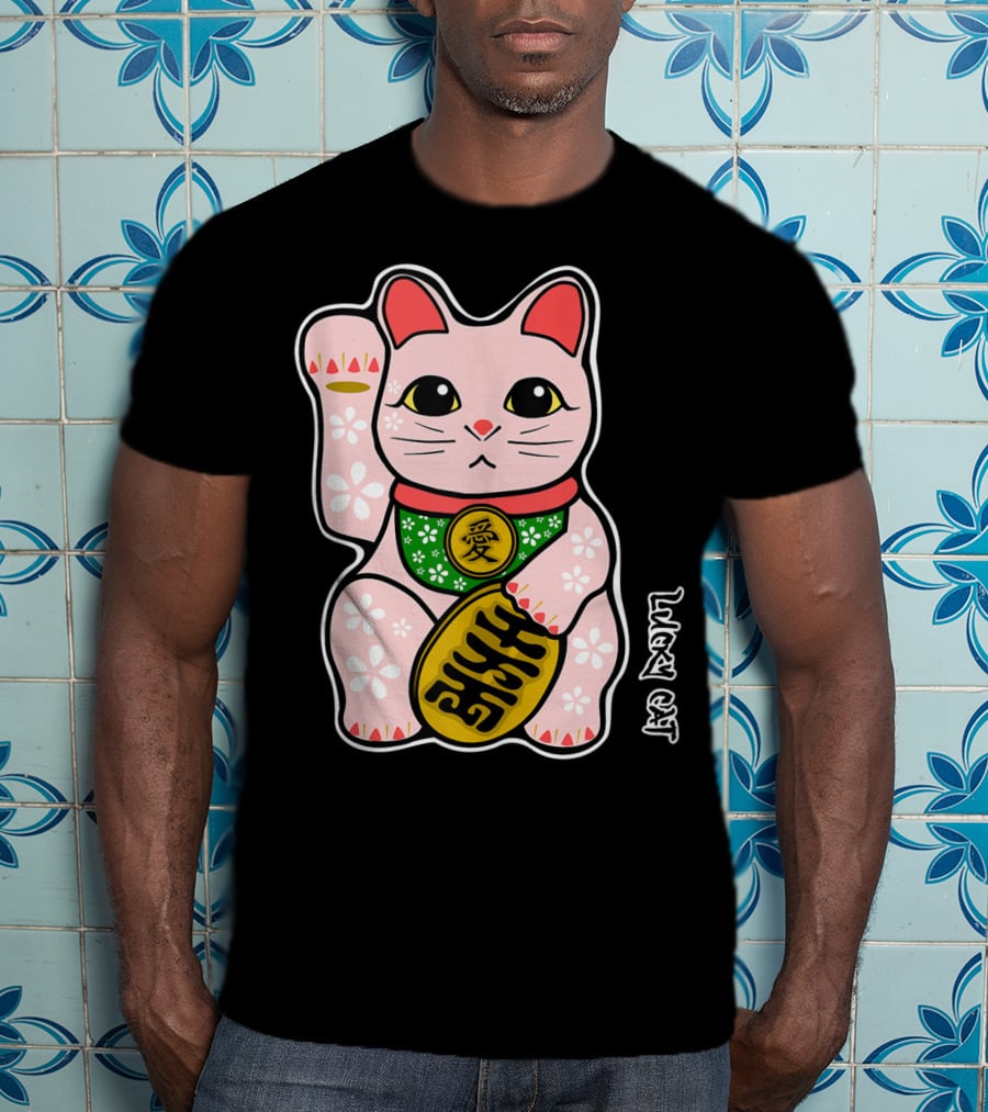 Lucky Cat Manekineko Japanese Love Prosperity Symbol Icon Floral T-Shirt