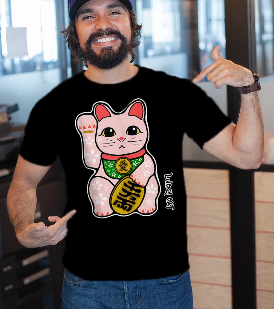 Lucky Cat Manekineko Japanese Love Prosperity Symbol Icon Floral T-Shirt