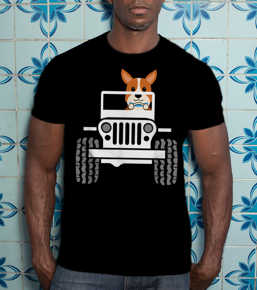 Mens Funny Cute Corgi Jeep Dog T-Shirt