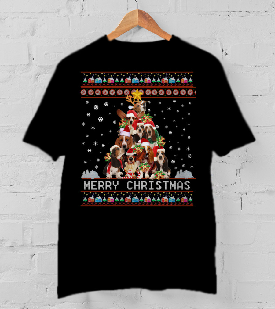 Merry Christmas Basset Hound Dogs In Festive Holiday Winter Wonderland With Snowflakes And Decorations T-Shirt