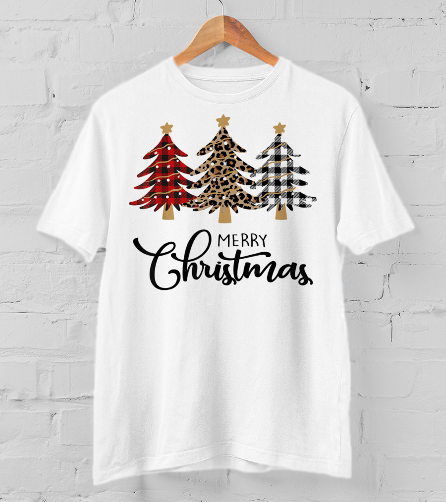 Merry Christmas Plaid Leopard Trees T-Shirt