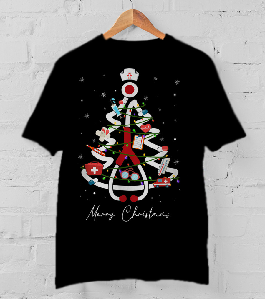 Merry Christmas Nurse Stethoscope Xmas Tree Medical Holiday Decorations T-Shirt