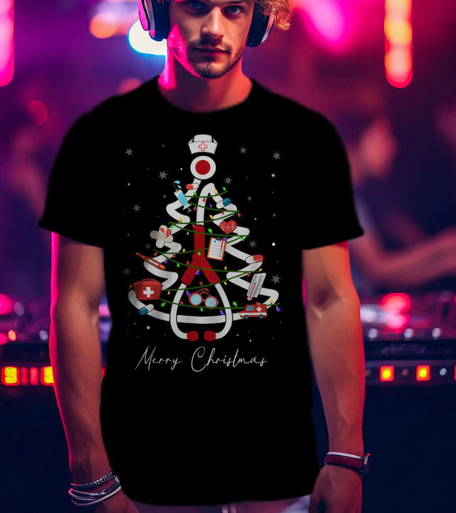 Merry Christmas Nurse Stethoscope Xmas Tree Medical Holiday Decorations T-Shirt