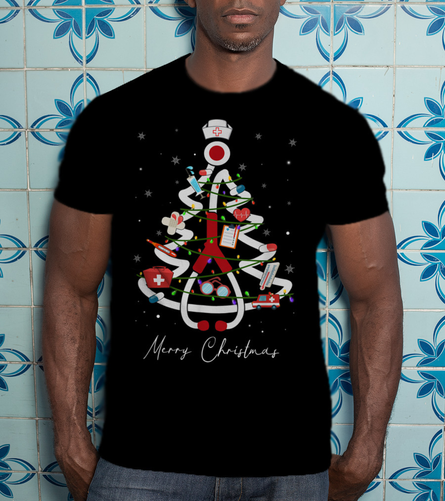 Merry Christmas Nurse Stethoscope Xmas Tree Medical Holiday Decorations T-Shirt