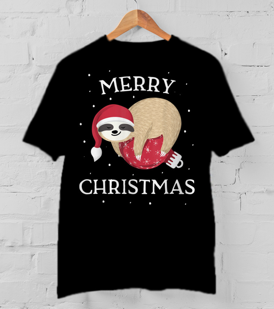 Merry Christmas Sloth Santa Hat Snowflakes T-Shirt