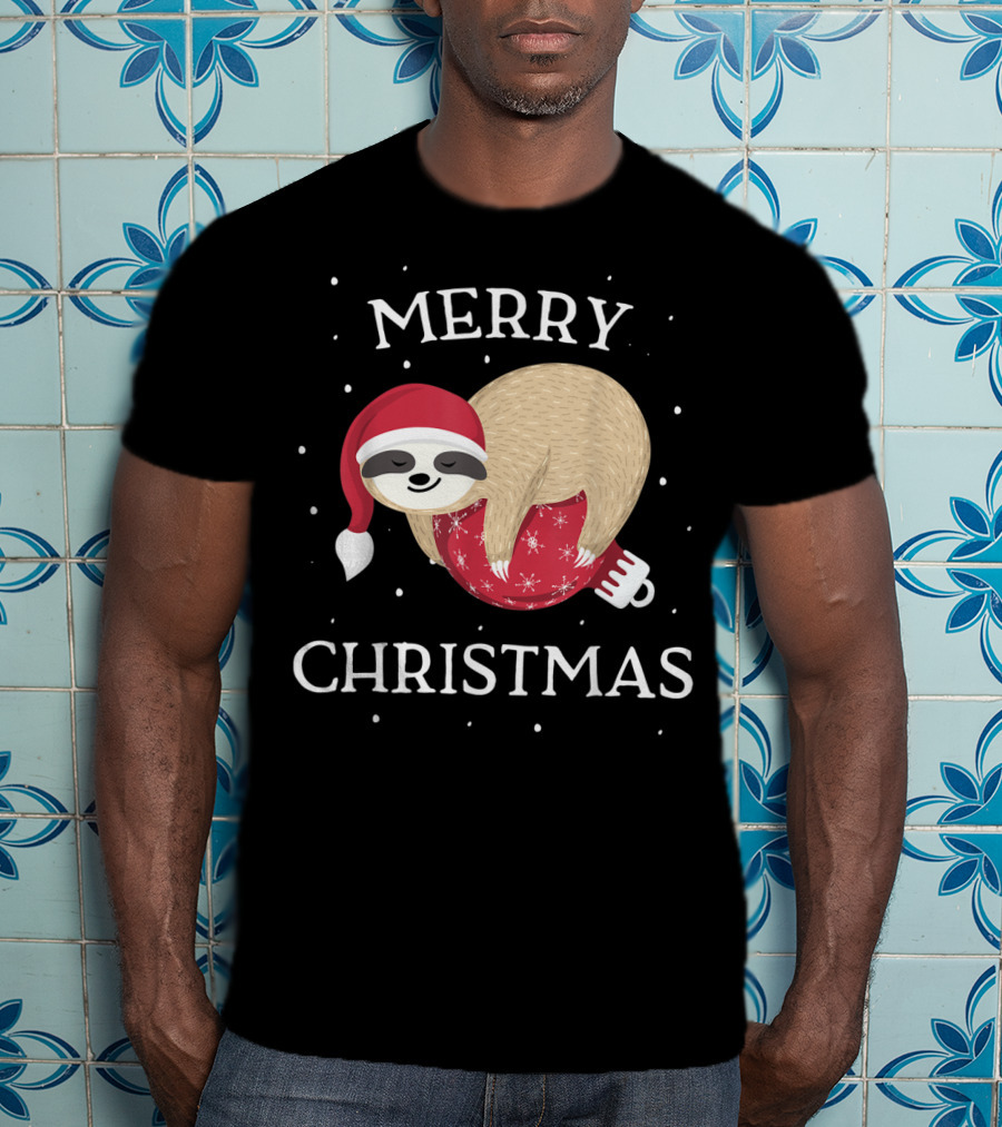 Merry Christmas Sloth Santa Hat Snowflakes T-Shirt