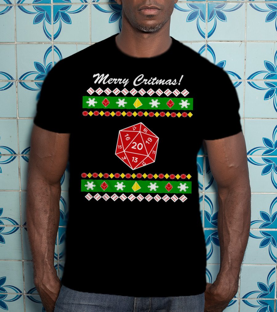 Merry Critmas 20-Sided Dice Dungeon Holiday Game Snowflakes T-Shirt
