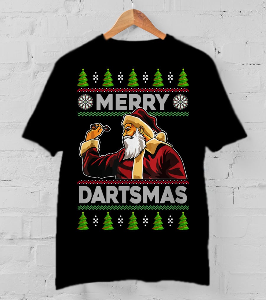 Merry Dartmas Santa Claus Playing Darts With Christmas Trees And Snowflakes T-Shirt