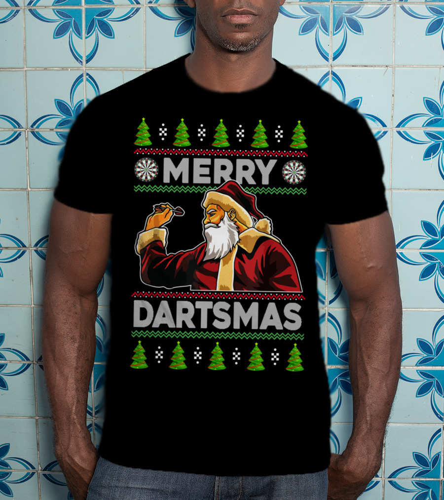 Merry Dartmas Santa Claus Playing Darts With Christmas Trees And Snowflakes T-Shirt