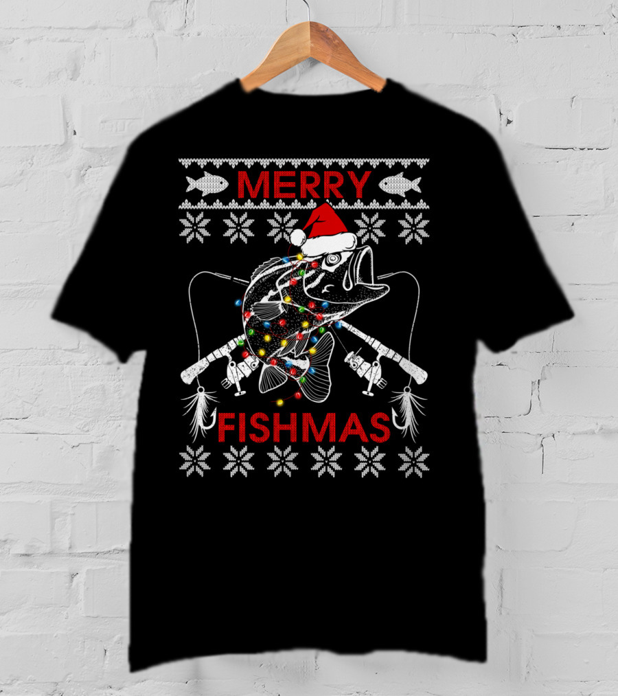 Merry Fishmas Ugly Xmas Santa Hat Bass With Fishing Rods And Lights T-Shirt