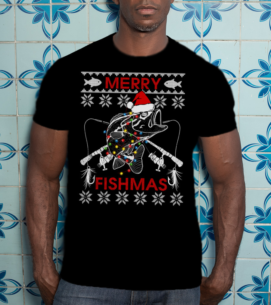 Merry Fishmas Ugly Xmas Santa Hat Bass With Fishing Rods And Lights T-Shirt