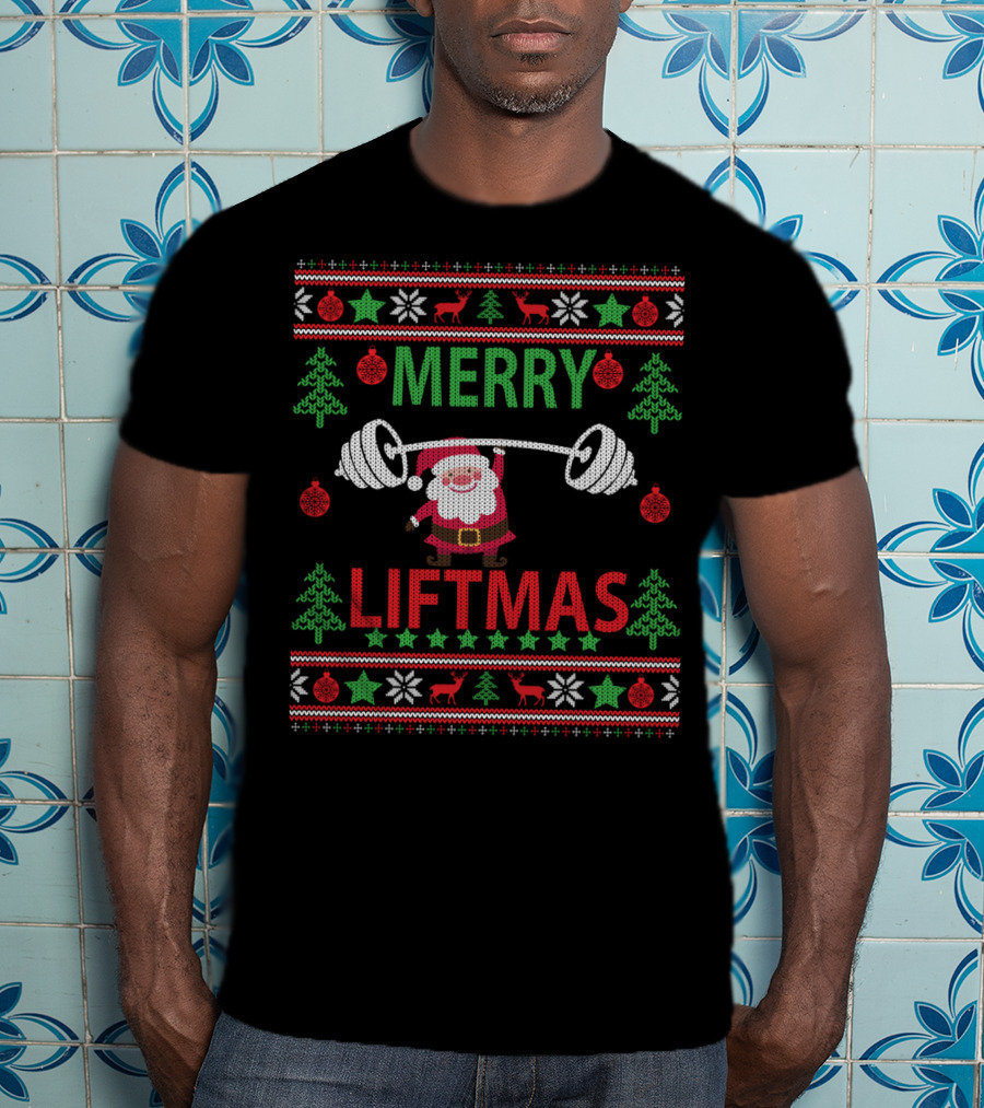 Merry Liftmas Santa Lifting Weights Ugly Christmas T-Shirt