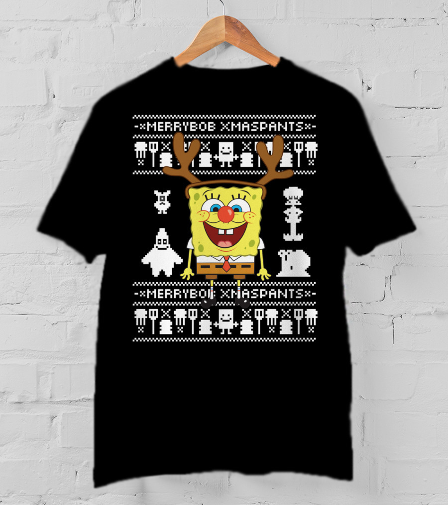 Merrybob Xmaspants Ugly Xmas SpongeBob Reindeer Pixel T-Shirt