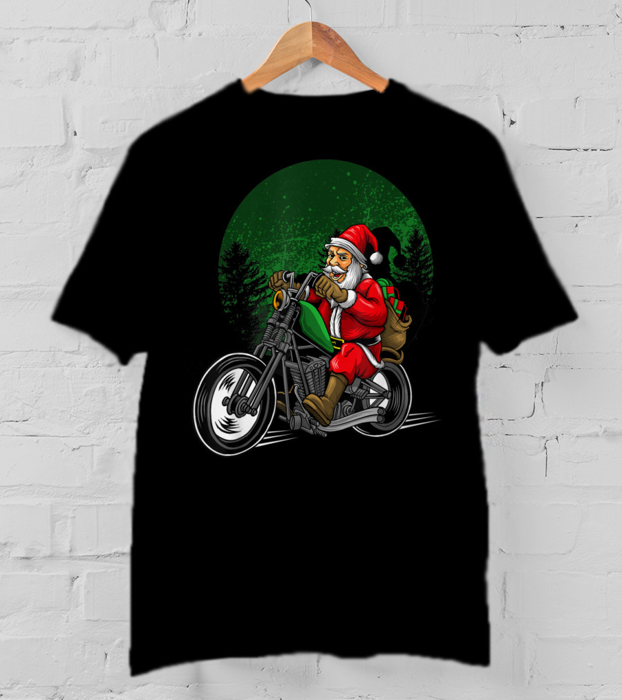 Motorcycle Santa Riding Through Festive Forest T-Shirt
