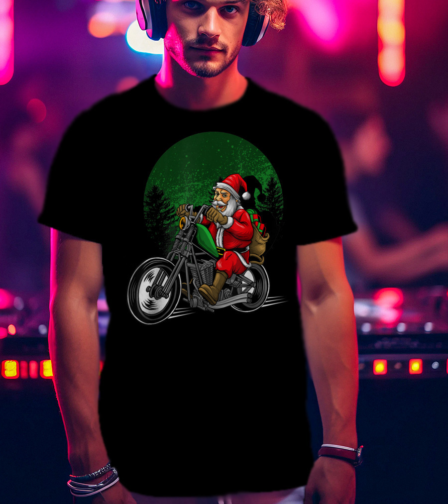 Motorcycle Santa Riding Through Festive Forest T-Shirt