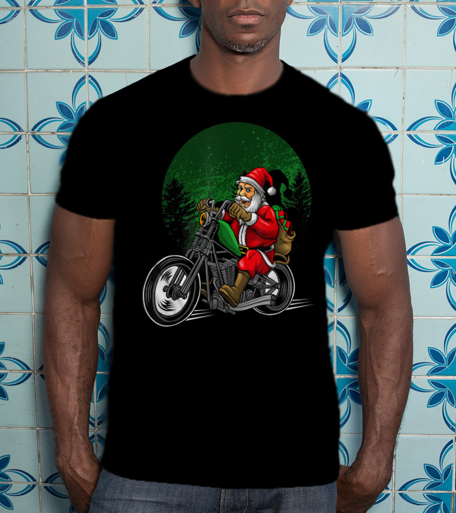 Motorcycle Santa Riding Through Festive Forest T-Shirt