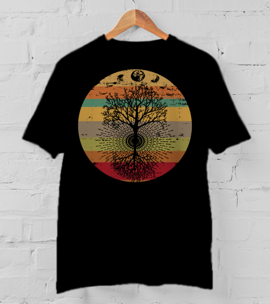 Phases Of The Moon Retro Tree With 60s 70s Vibe Rainbow Stripes T-Shirt