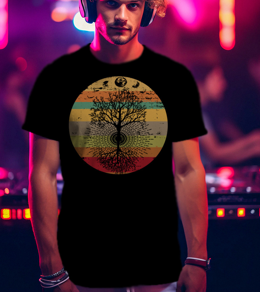 Phases Of The Moon Retro Tree With 60s 70s Vibe Rainbow Stripes T-Shirt