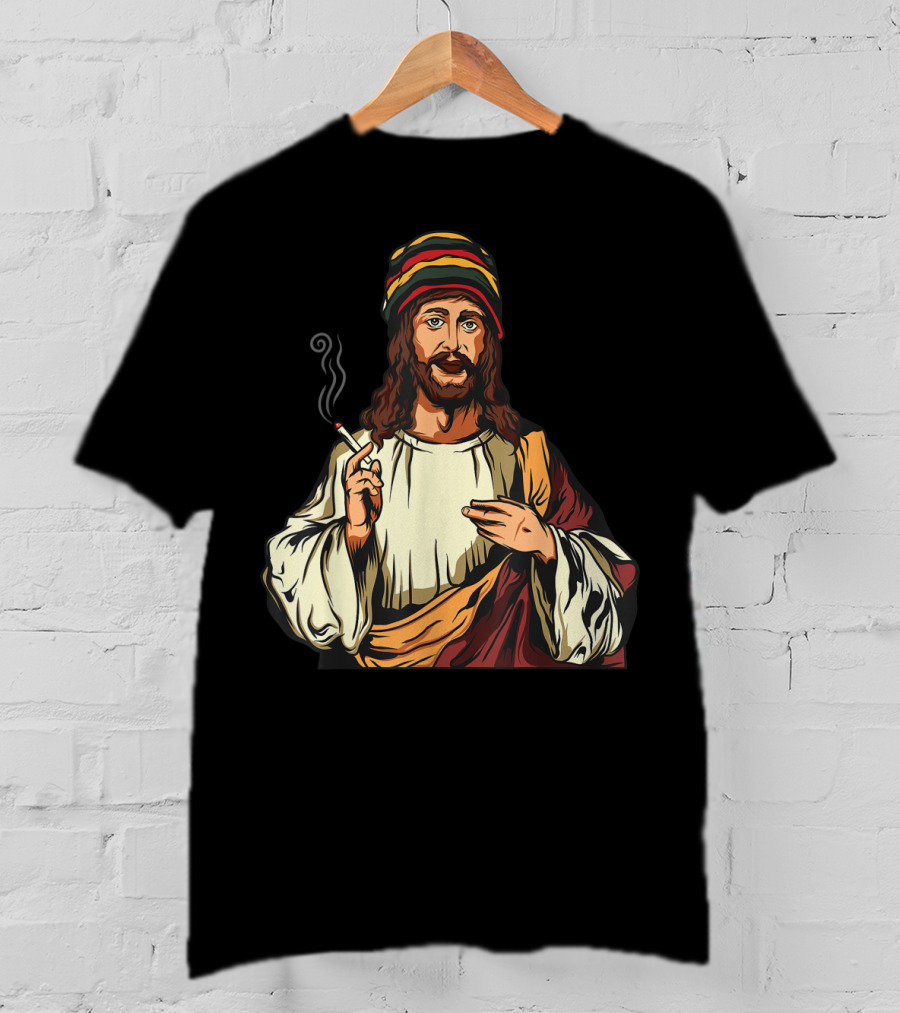 Pot Smoking Jesus Christ Cannabis Weed Rasta Hat Smoking Joint T-Shirt