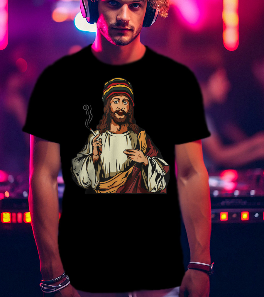 Pot Smoking Jesus Christ Cannabis Weed Rasta Hat Smoking Joint T-Shirt