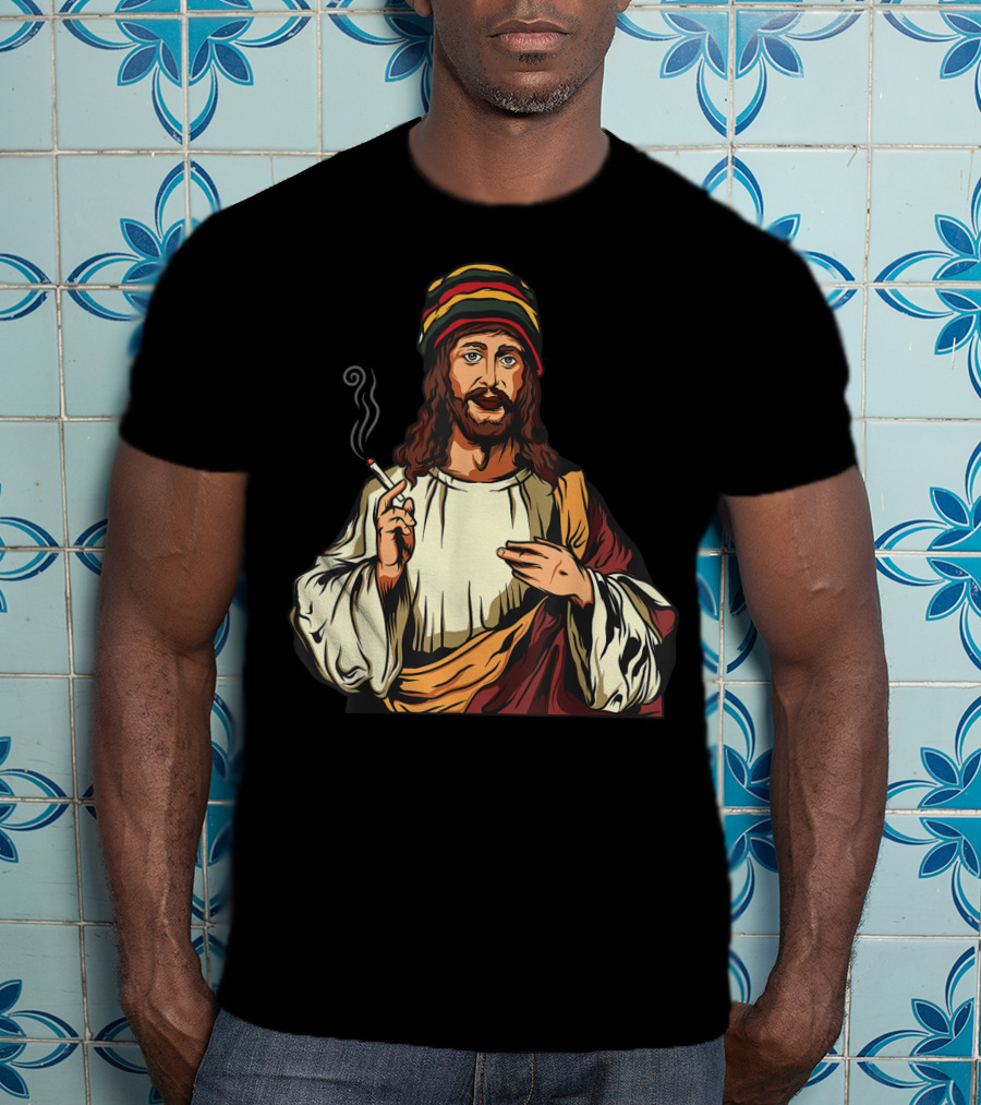 Pot Smoking Jesus Christ Cannabis Weed Rasta Hat Smoking Joint T-Shirt