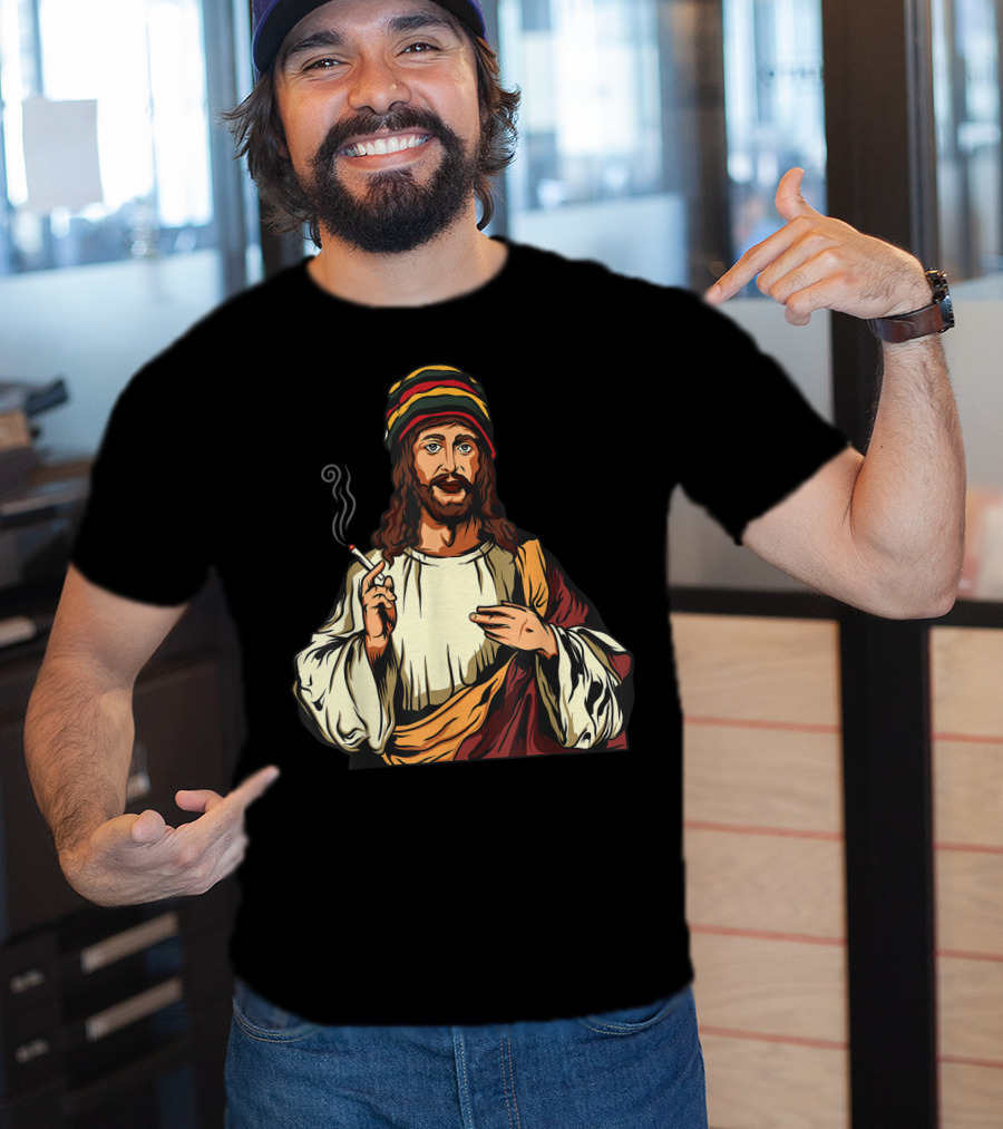 Pot Smoking Jesus Christ Cannabis Weed Rasta Hat Smoking Joint T-Shirt