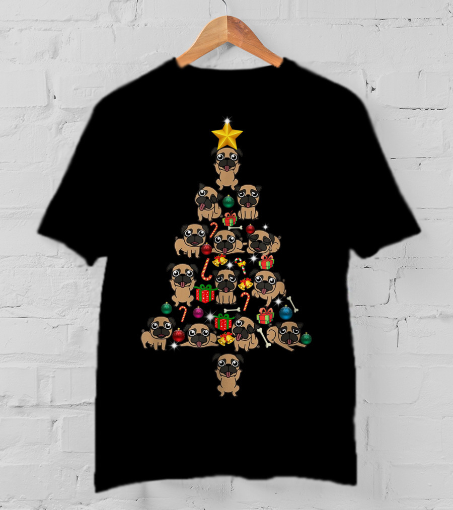 Funny Pug Christmas Tree With Presents And Candy Canes T-Shirt
