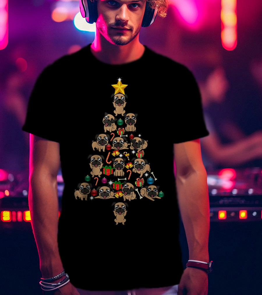 Funny Pug Christmas Tree With Presents And Candy Canes T-Shirt