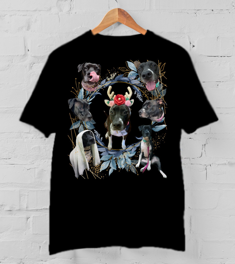 Puppy Holiday Antler Flower Dog Faces Wreath T-Shirt