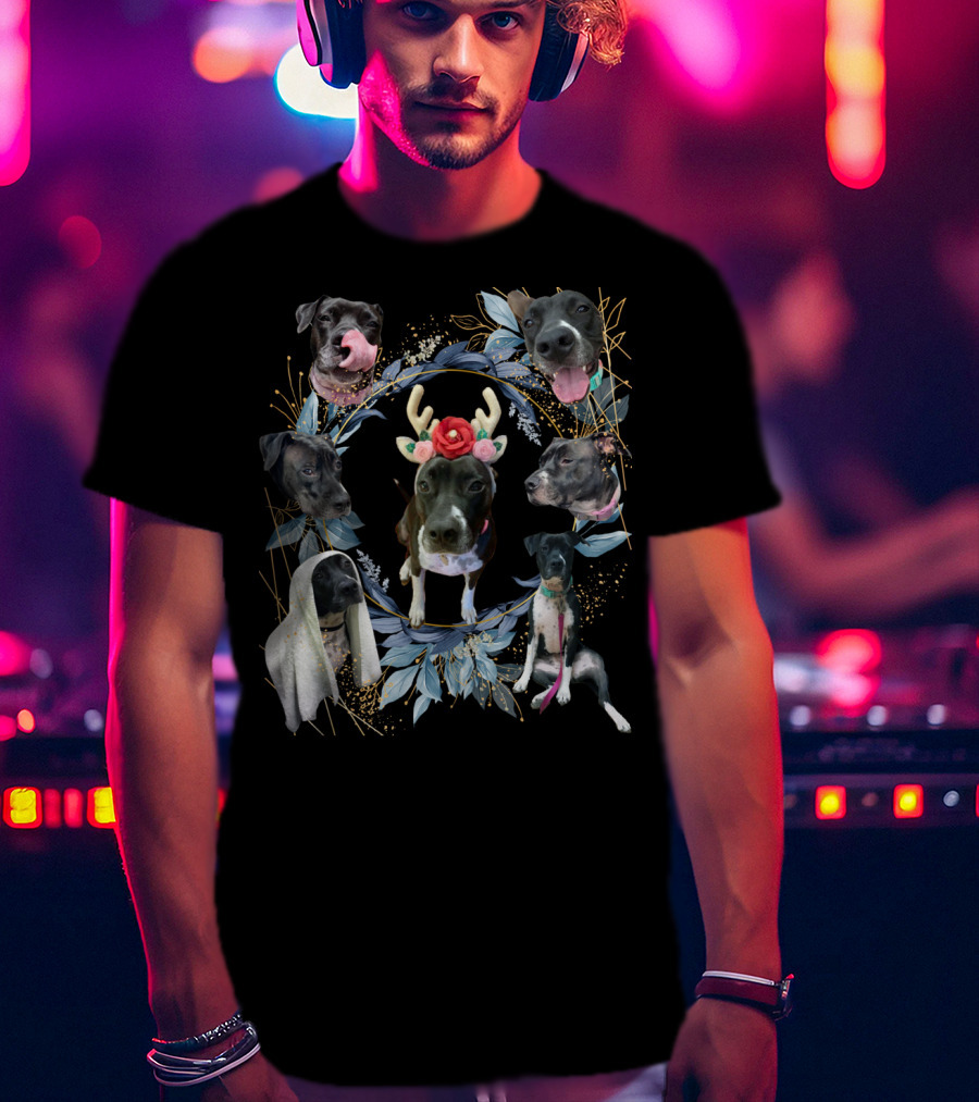 Puppy Holiday Antler Flower Dog Faces Wreath T-Shirt