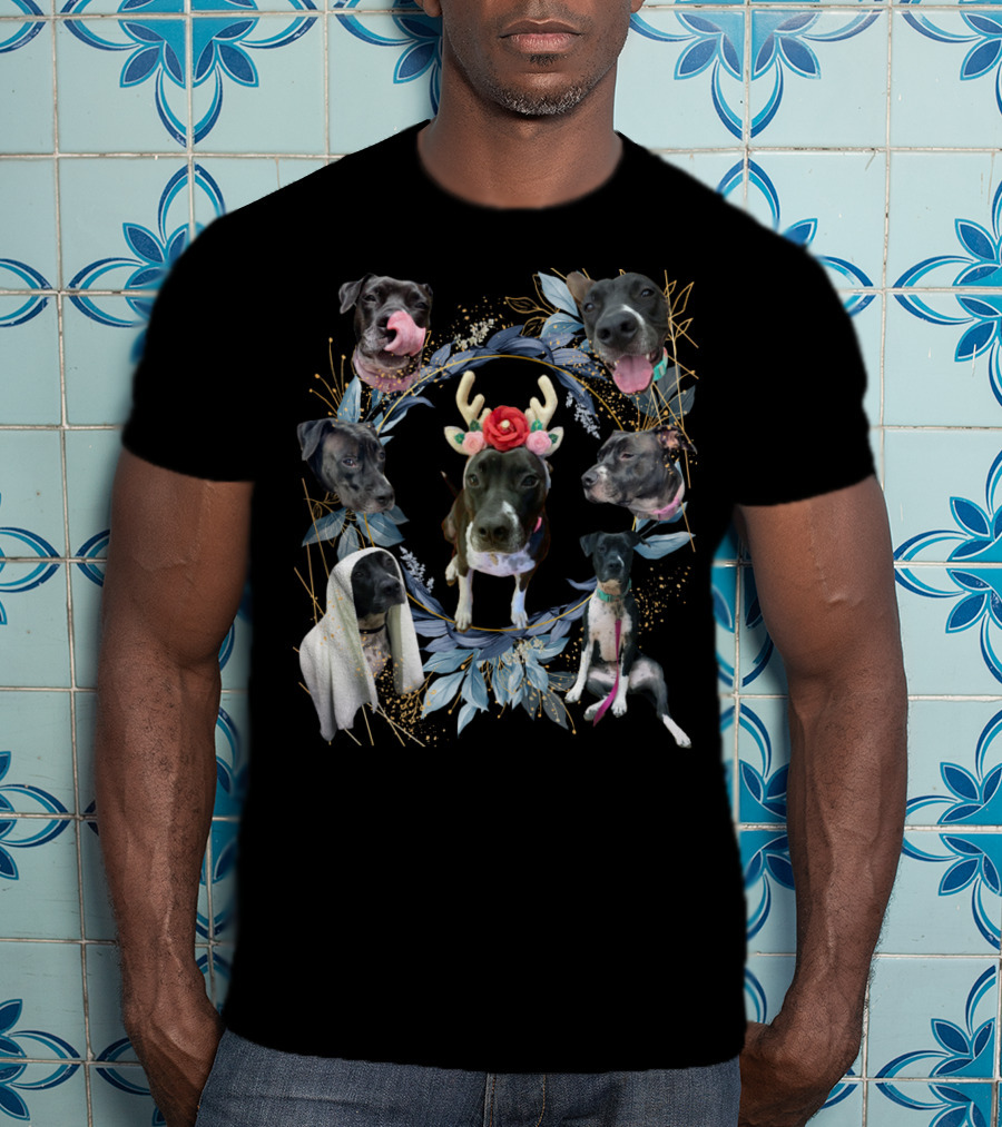 Puppy Holiday Antler Flower Dog Faces Wreath T-Shirt
